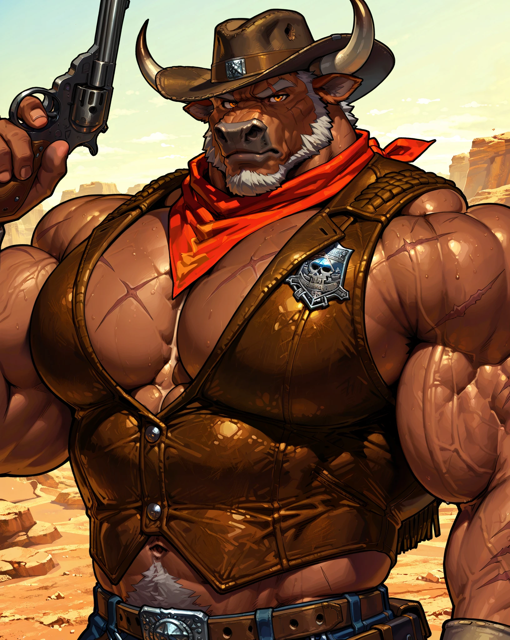 Wide medium shots, ground level camera shot, (best quality, 4k,8k, high res, masterpiece:1.2), ultra-detailed, (realistic,photorealistic,photo-realistic:1.37).,((hyper muscular)) old man cowboy, cowboy hat, west era, happy, hyper, muscle, hyper pectoral, hyper bicep, hyper arms, white and short hair, super thick arms, super big pectoral, super wide pectoral, topless, shirtless.