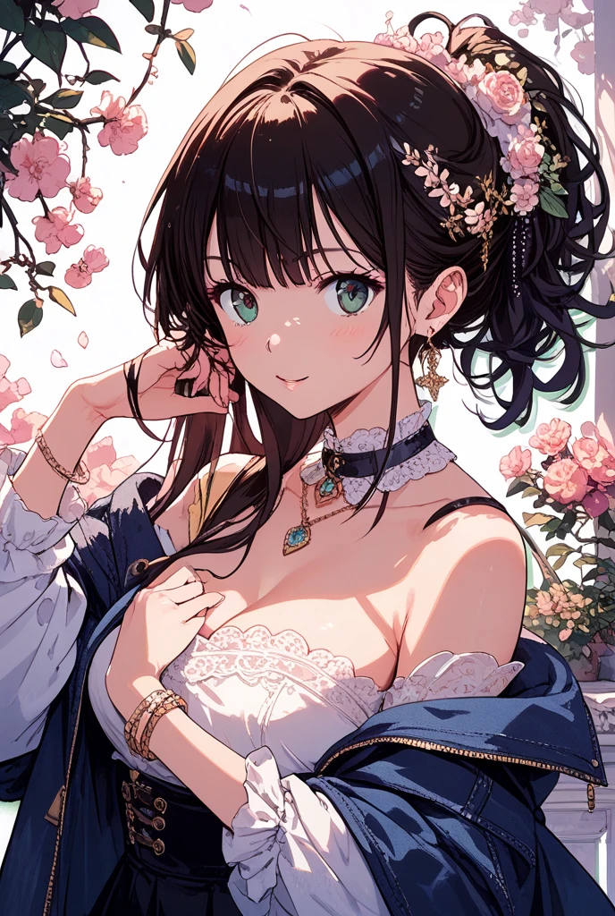 masterpiece, Highest quality, whole body, One girl, bangs, black choker, blush, bracelet, chest, choker, clothes The surrounding area waist, clavicle, Cowboy Shot, ear Earrings, Eyebrows visible through hair, Gradient Hair, Grin, fix, jewelry, Kogal, Long Hair, View Viewer, Earrings, Red eyes, ring, , smile, alone, street, null, cherry blossoms, petal,figure, (magazine:1.3), (cover-style:1.3), fashionable, woman, Vibrant, Pause, front, colorful, dynamic, background, element, have confidence, Performance, Holding, statement, accessories, Majestic, Coiled, The surrounding area, touch, scene, article, cover, bold, to attract attention, title, stylish, font, Catchy, Heading, big, impressive, Modern, trend, concentrated, fashion,((masterpiece)), Highest quality, Absurd, Super detailed, Holographic, Cowboy Shot, ダイナミックなPause, Golden Ratio, Very cute girl, Mature Girls, Very beautiful, Super beautiful asian girl with super beautiful purple eyes, Very beautiful hair, Shiny skin, High Ponytail, nice and sexy body, Slim and delicate body, Perfect body, Cute Panties, Fox Headset, Get your picture taken in a cute alien spaceship,naked,Big Breasts,Sexy