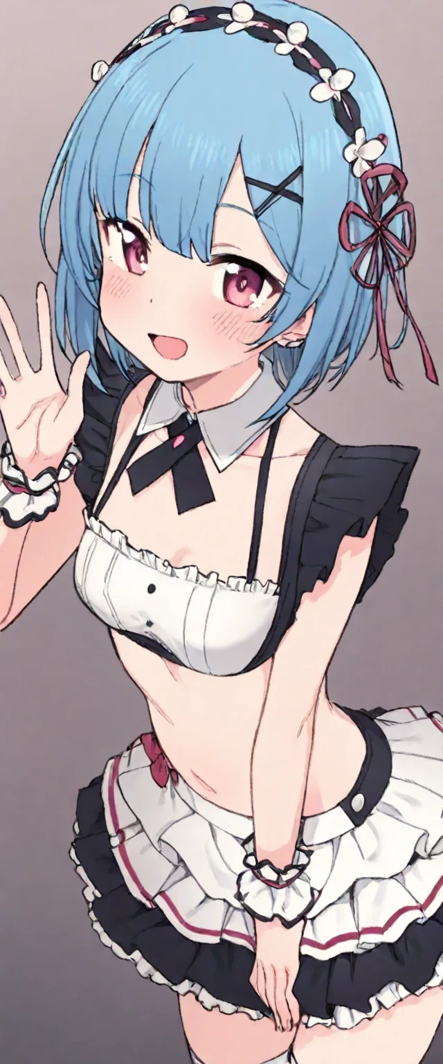 (masterpiece、Highest quality、Very detailed))、One girl、short hair、Barrette、Grey Eyes、evil smile、((Grin))、((lots of piercing))、Large Breasts、Frill headband、((maid))、((black bikini))、((Black pleated skirt))、((micro miniskirt))、Cowboy Shot、Hands on hips、Bedroom Background