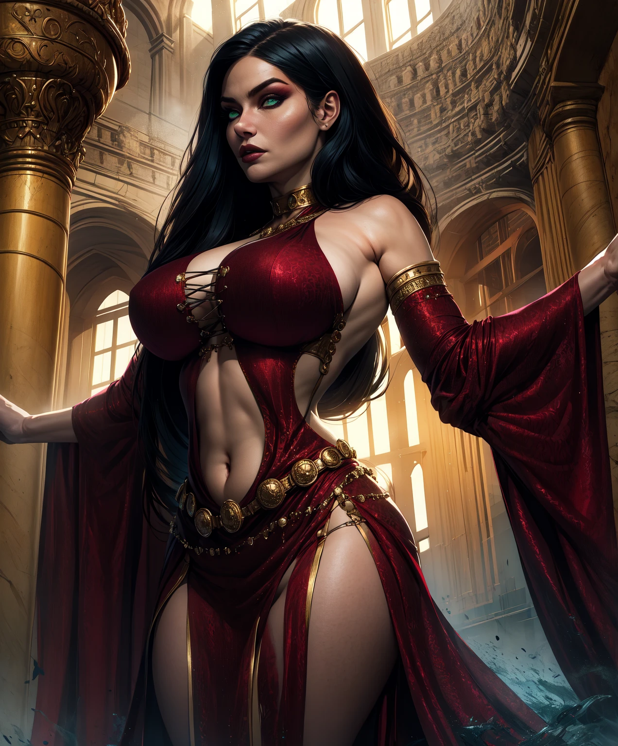 medieval setting, full view of body, 1 skinny female with large breast, beatiful smokey green eyes, black hair pinned up, shoulder free beautiful evening dress, red scarf around her neck, eerie sunset
