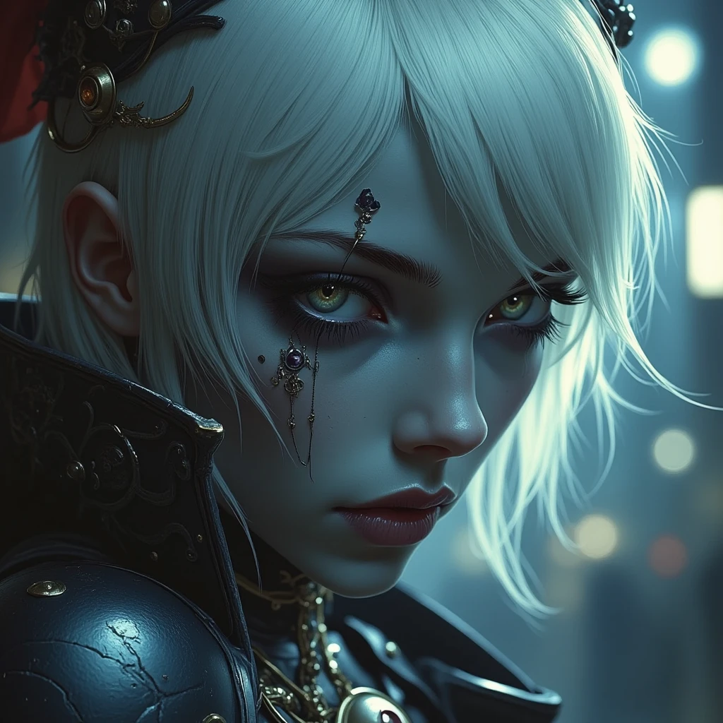 1girll,White color hair,Various hairstyles,Wear a black flower on your head,beauitful face,crisp breasts,Convex buttocks,Wearing a black gauze tights,Wear a black wristband,Black lace-up heels,Wearing a black military uniform overcoat,The inside of the coat is red,perfectly proportioned, Cinematic lighting, filmgrain, Fujicolor, lightand shade contrast, 8K, 巨作, Textured skin, Super detail, high detal, High quality, A high resolution,