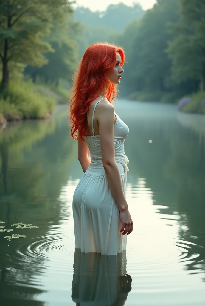 (photorealism:1.2), beautiful woman, red hairstyle, in a lake with mud, green lagoon with algae, wearing a white dress with a lampshade underneath, wearing a pantie, with a washing board kneeling next to the lake, dark and gloomy atmosphere, transparent dress, realistic, intricate details, warm color ambient