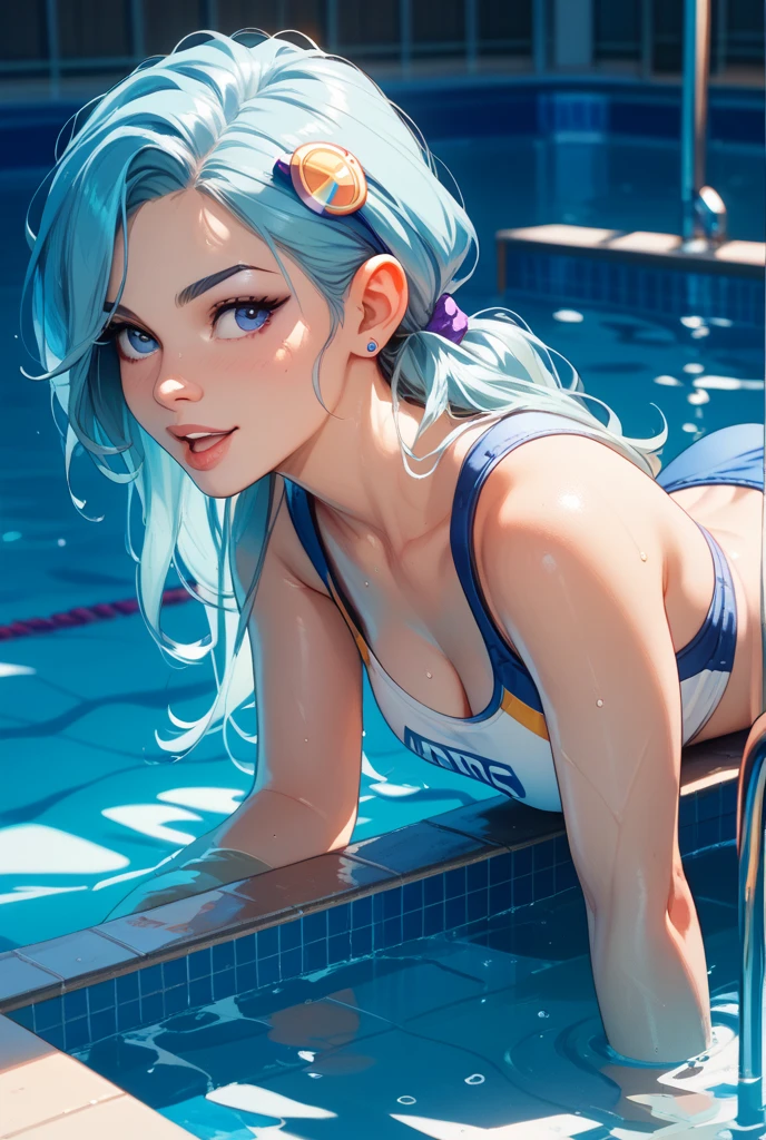 fair skin, pink hair, ponytail, green eyes, swimsuit, in a pool, hold your breath, diving, public pool, big ass, nervous, shaking, red cheeks, in the water, swimming