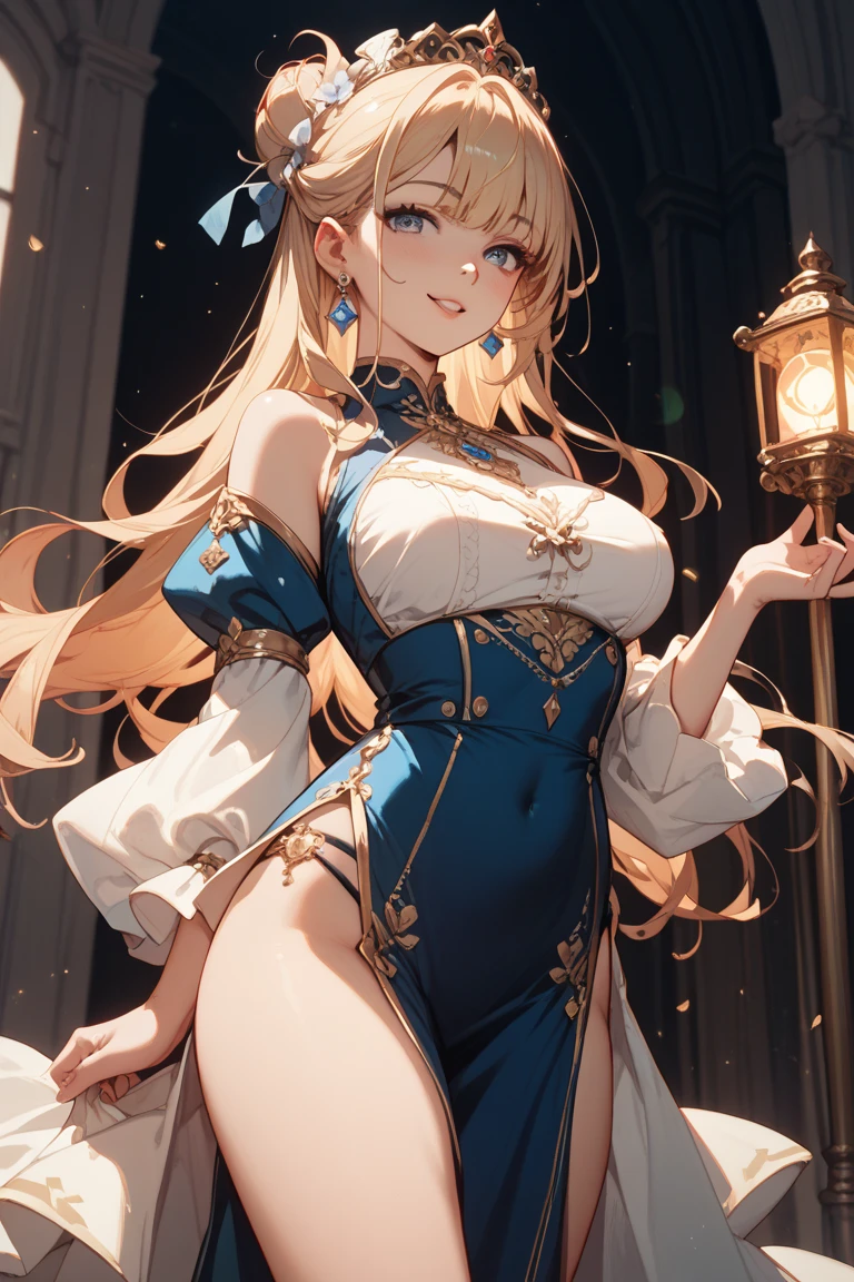 ((Highest quality)), ((masterpiece)), (detailed), （Perfect Face）、The woman is wearing a gorgeous, glittering, long-slit see-through Chinese dress with gold embroidery, a black veil and a black see-through cape, as well as a gorgeous hair ornament and gorgeous jeweled accessories.、The woman is the elegant Tsukino Usagi, with long blonde hair in a chignon twin tail.