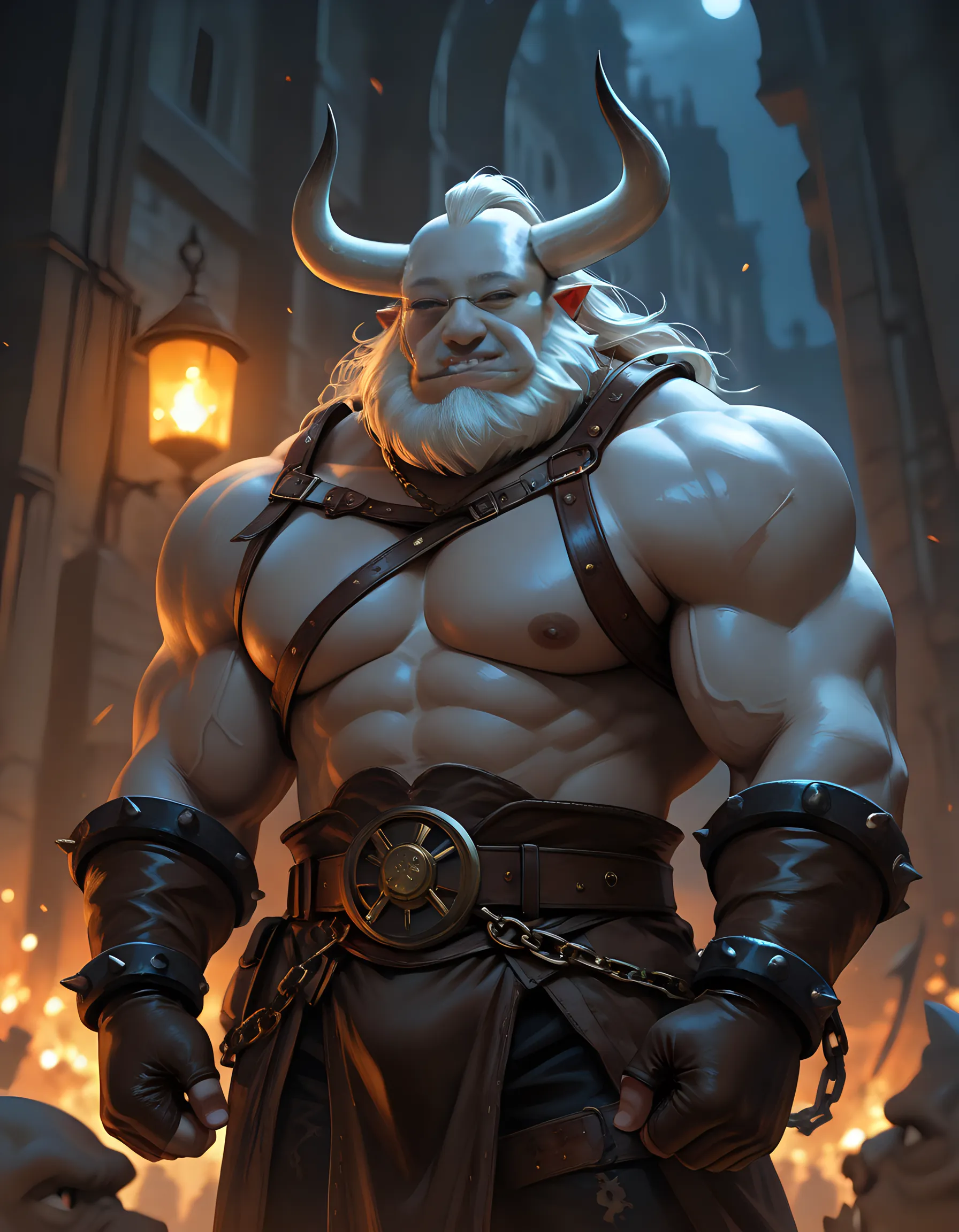 a potrait, half body, semirelistic:1.2, ((huge horn's, black horn's)), thick beard, thick mustache, massive muscle, masterpiece, detailed face, muscular old man in front house, old man, bearded. white hair and beard, bearded, ((muscular, pectoral, wide pectoral, huge pectoral, thick arm, huge arm)), realistic, 8k, masterpiece, (wearing shorts and shirtless:1.3, topless, shoes), smile, brown bear