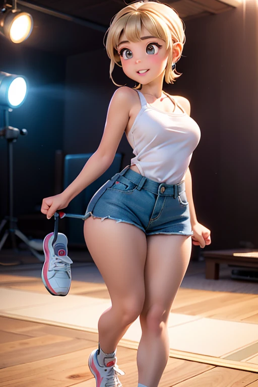 best qualtiy,tmasterpiece,k hd,1girll,(Full body photo,erect through),(Hands behind your back), Nice face,Slim,Raised sexy,bite lips,Cold and glamorous,cropped shoulders,nabel,cabelos preto e longos,hair adornments,(long leges,Cross ed leg), (athletic sneakers,One shoulder,short skirt),Beautiful teenage girl,Ethereal dreams,Beautiful goddess,Detailed scenes, Eye-catching accessories, Picturesque, ((low angle shot)),full bodyesbian,(Combat Stance 1.3),dynamicposes