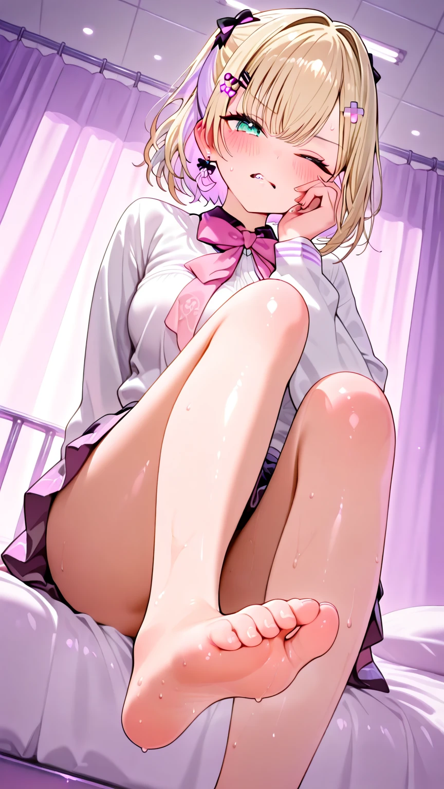 Girl with pink hair, long double-tailed hairstyle, ((small pink bushy eyebrows)), dressed in lolita clothing, marked vagina, lolicon (Zankuro) drawing style by zankuro artist, ザンクロー style, image uploaded to R34, sitting on a penis, sitting on a man's crotch, (reverse cowgirl position), (well defined penis) bubbling semen, in a restaurant,  (panty pull, pulled by self, pink panties:1.1) looking from below with a flirtatious smile