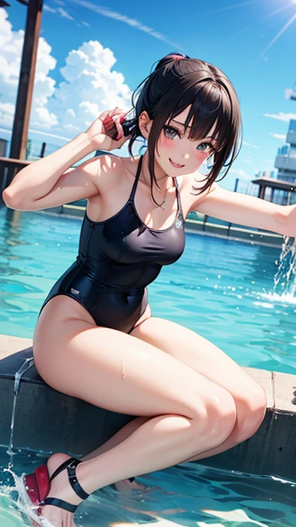 ((top-quality))、((masterpiece))、1girl in、Formal-up、beautiful detailed eyes and face、pretty skin、Realistic、a very cute、22year old、School swim wear(Dark blue color、Simple design、Matte texture、Wrinkle、Wet、Polyester material、shadings、)Wet body、Anime Face、Beautie、Facing the front、big eye(Beautiful fece、Anime Face、Clear eyes、Fine details、beautidful eyes)Well-formed face(Beautiful nasal muscles、Perplexed、sharp mouth)full of sweat、sodden、Wet feeling、Background with(sunny sky、takeout)、8K picture quality、perfectly proportions、A slender、red blush、female focus on, hair adornments,length hair, Look at viewers,((pee))((pissing))((water dripping))