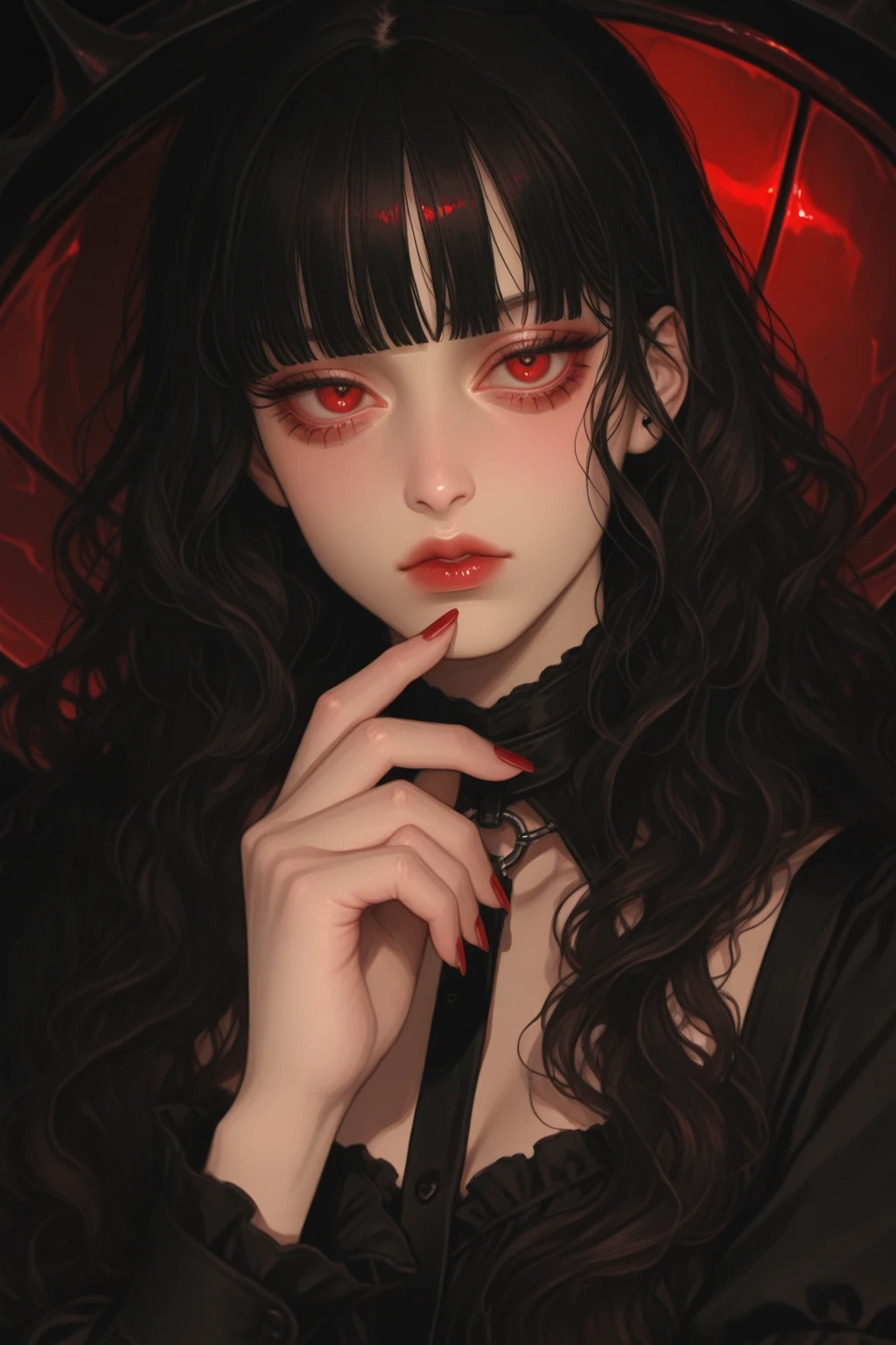 Beautiful elegant girl, Black Dress,  Bloodstains, dark, evil smile, horror, vibrant, Very detailed, Masterpiece, High quality 