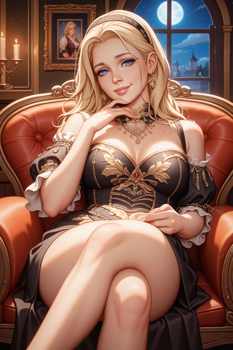 (Blonde stunning hair), (blue eyes), blue necklace, Golden earrings, Fit, Gorgeous Body, gorgeous, brown eyebrows, (two moles over lip), big pupils, (23 years old), 1girl,solo, complex skin, warm light, (large breasts), wide thighs, round butt, 5 fingers, ((blushing)), ((detailed face, best quality)), (masterpiece)), ((ultra-detailed)), (beautiful detailed eyes), red lip, eyeshadow, beautiful face, long hair, very detailed eyes, intricate details in eyes, perfect lips, good lighting, hot clothes, cleavage ((socks in frame, show socks)), five toes, in living room, pink couches, full body