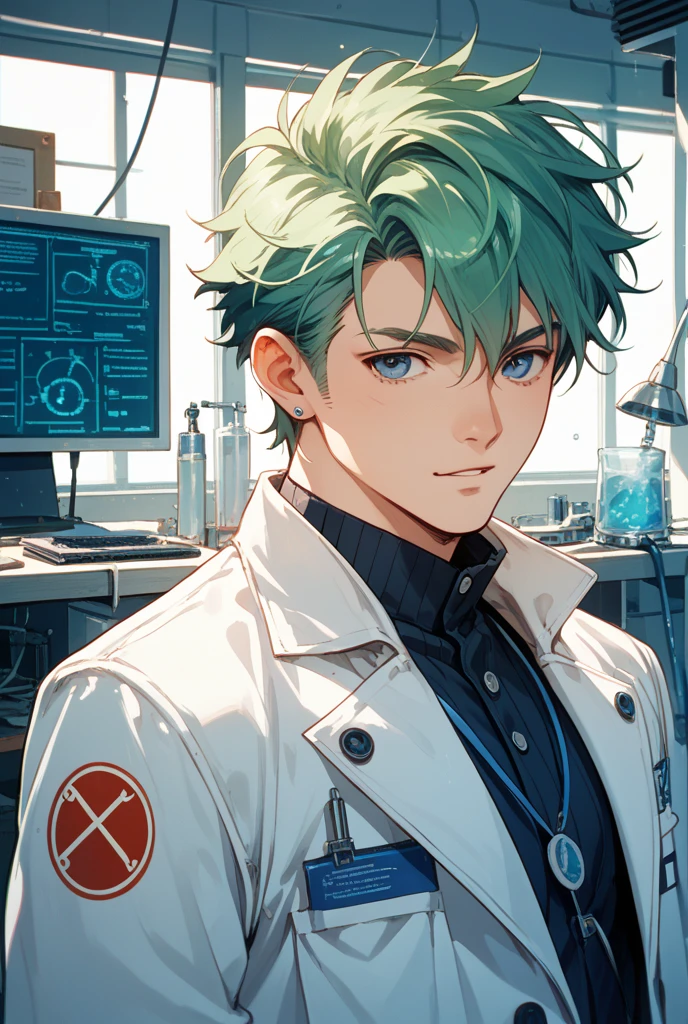 1 menino, Young alien boy with a messy short green hair and a soft one, olhos rosa luminos, Corar, No shirt,