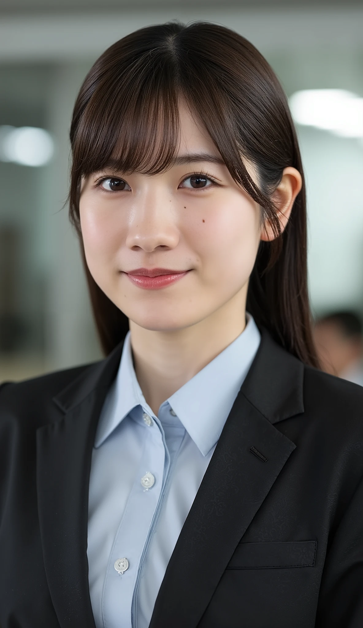 Neat Young Woman、and look at the camera、office lady suit、jacket、shirt、necklace、、ear piercing、、Has bangs、smile showing teeth、Bust Up Shot、background is office
