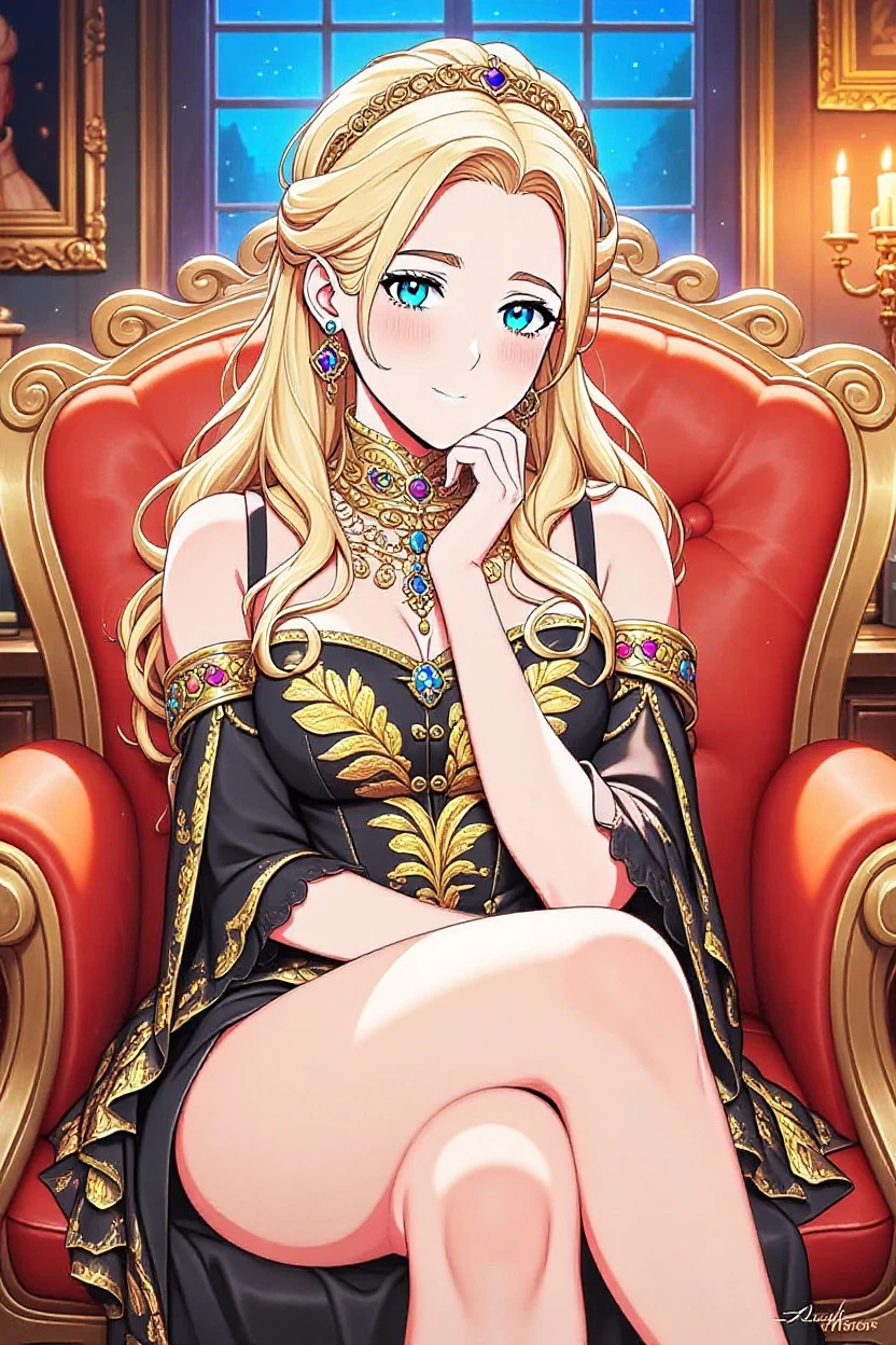 1girl,(solo:1.1),heavy makeup,(lewd smile:1.1),(lustful:1.1),(implied sex:1.1),(hooker:1.4),(self exposure:1.1),thong,style-princess_sd2,DarkFantasy,full body,brothel,(palace:1.4),(gold_crown:1.4),(sitting:1.4),(charm_bracelet:1.4),cute,pantyhose,(throne:1.4),(blonde hair:1.4),long hair,pantyhose,jewelry,cape,gold trim,earrings,halocro,<lora:linYuchunv3:1.4>,<lora:0144_jacquard pantyhose_v3:0.8>,<lora:Black red underwear set_v1:0.6>,<lora:Cmomoo:0.8>,<lora:HaloCrown:0.6>,<lora:charm_bracelet>,