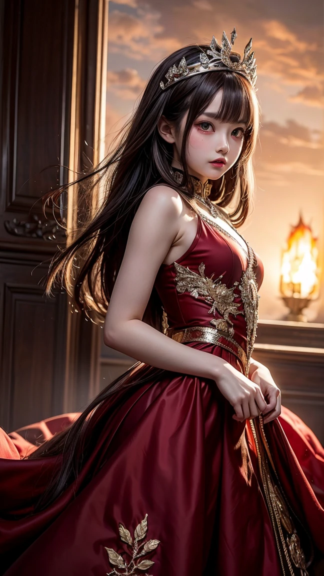 A beautiful girl in a wedding dress walking in the forest，Head up，Neat one-word bangs,Ji Shi Fa，French braids, move chart, Atmospheric perspective, Cinematic lighting, tmasterpiece, Textured skin,Fine hair like silk,Every hair is clear，Red band，photo level，wide angles，entire body image，little breast，Smaller bust，flatchest，Seductive eyes，Glamorous temperament）Surrounded by red dragons，Wear gorgeous high heels，Red and white glitter royal dress，background of the castle of Europe，God Rays shines on the body