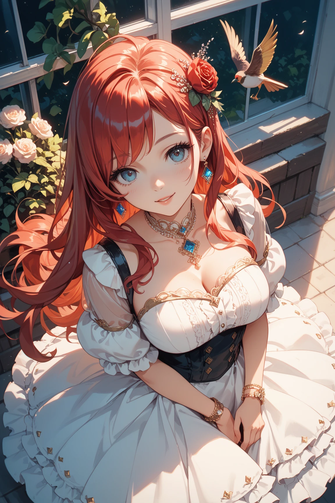 1 woman, (((((UHD))))), (((((masterpiece))))), ((((super detail)))), high details, ((((high quality)))), ((((best quality)))), (((highres))), ((((16k)))), ((Shadows)), ((bright red hair)), hair over shoulder, side swept bangs, (royal clothing), ((all white clothing pallet)), (colourful), heart-shaped pupils, one eye closed, sparkling eyes, ((big beautiful light blue eyes)), crystal earrings, grin, bright pupils, (evil smile), natural lips, light blush, cheek-to-cheek, sparkle, god rays, backlighting, reflection light, bloom, dutch angle, perspective, from above, from front, ((perfect breasts)), ((defined jawline)), (Royalty), ((16:9 image), (landscape imagery)