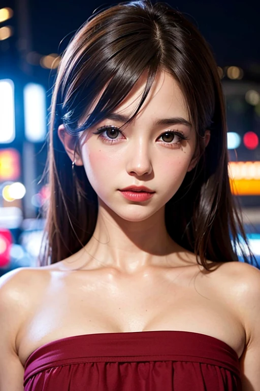 Beautiful girl small breasts, Wearing a sturdy jacket, Long Hair, Cyberpunk Red Green Background、Futuristic cityscape、night、(((Upper body naked))),smile,Young face,Young ,(((blush))),(((Cheeks turn red))),(((Round face))),(((Droopy eyes)))