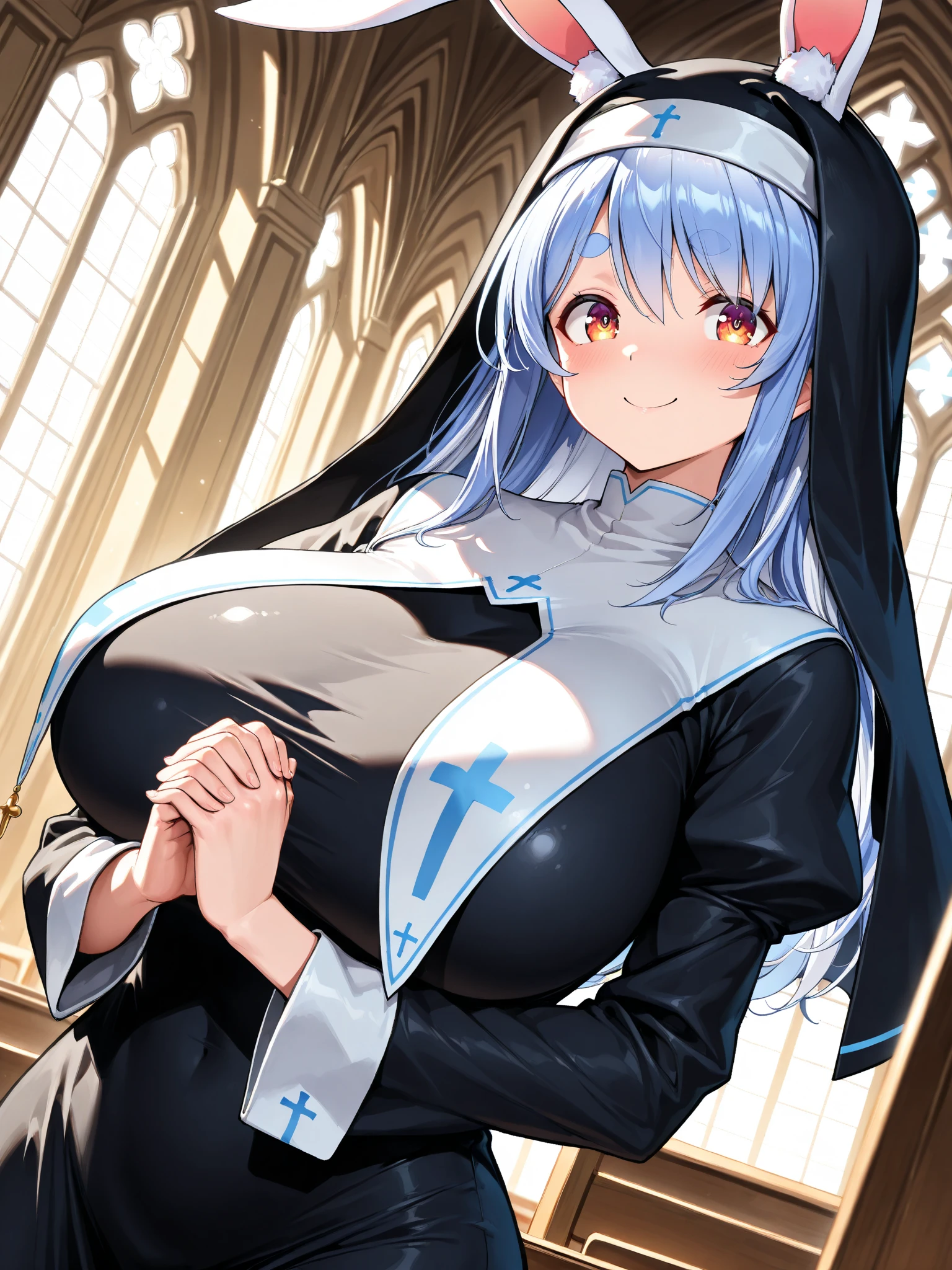 (nsfw,)((takimoto hifumi,hifumi takimoto,new game!,ponytail hair,hairbow)),((solo girl)),((Perfect body,))((Super beautiful,))((High quality,))((Heavy breathing,sweat, Sweaty and wet all over,))(Hotel room,)blush,backlit,shiny glossy,((gigantic breast,)) Looking at Viewer,cowboy shot,nipple,(Show off your crotch by opening your crotch in a crouching posture,)squatting and straddling,sexual white underwear,(clear face,)((nun,nun robes, saint maiden,white sexual underwear,thigh high socks,garter belt)),lovejuice dropping crotch,look of contempt,(white breast curtains),glaring shyly,(bukkake,cum on fullbody,elect penis pov)
