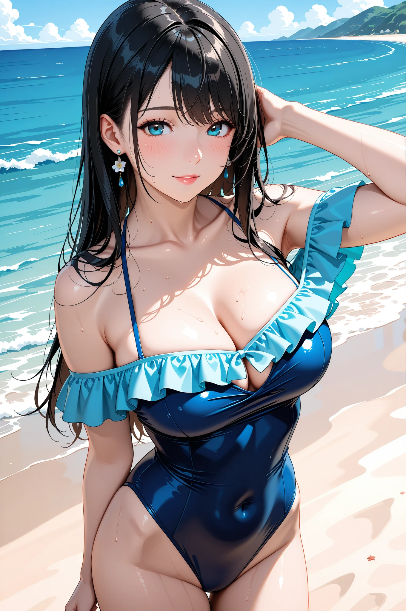 One girl, striped micro bikini, young, cute, beautiful girl,, huge breasts, face and chest close-up,, wet body, perfect body, smile, seaside, best quality, super high definition, masterpiece, Headband, complete body, marked abs,