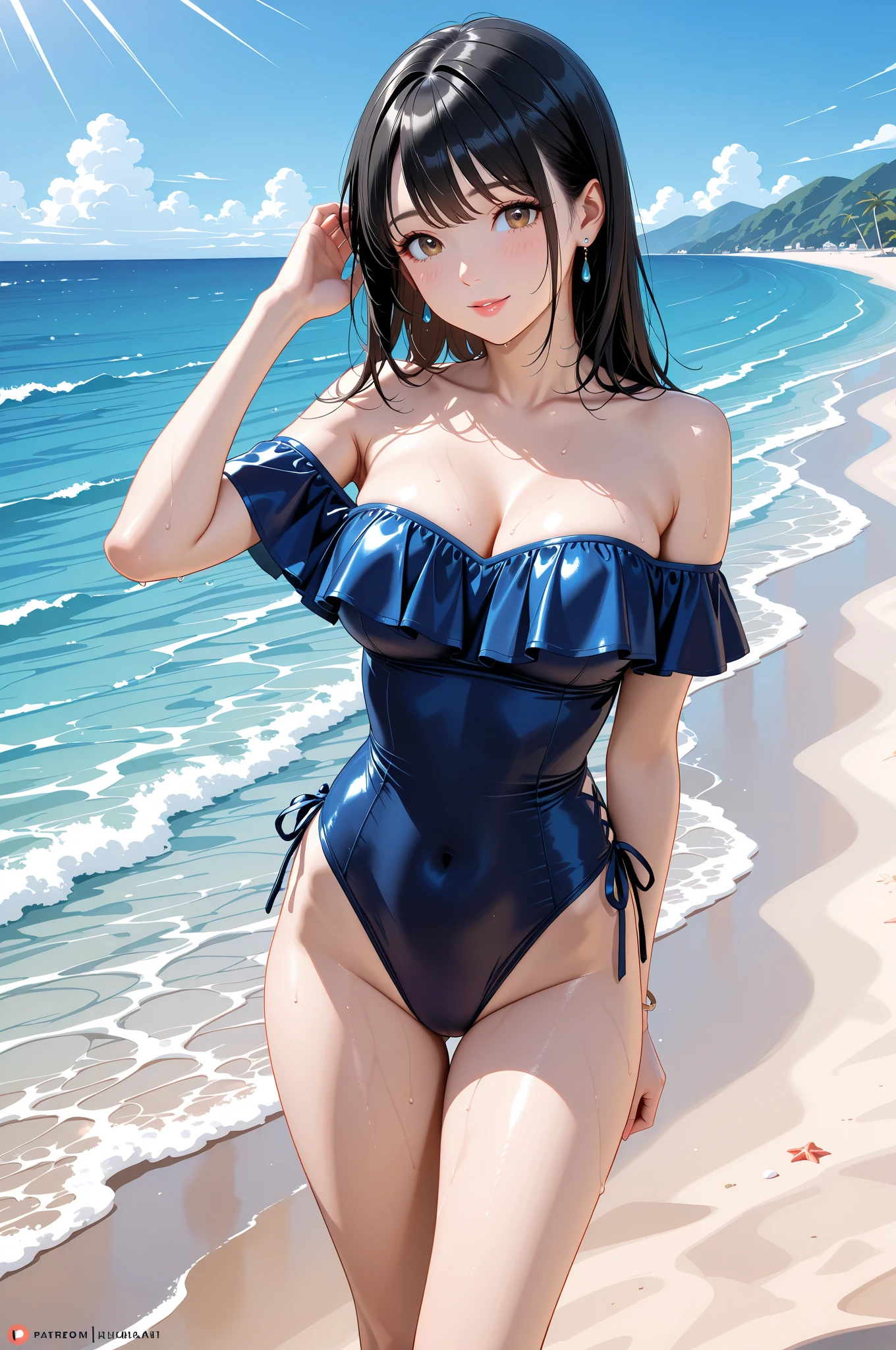 (ultra-high quality), (ultra-high resolution), (Very detail), Adorable girl, slanted eyes, fleshy lips, Small and young body, Wet and see-through swimsuits, Beach with a spectacular view, Precisely drawn background, Natural light and shadow, Perfect Hand