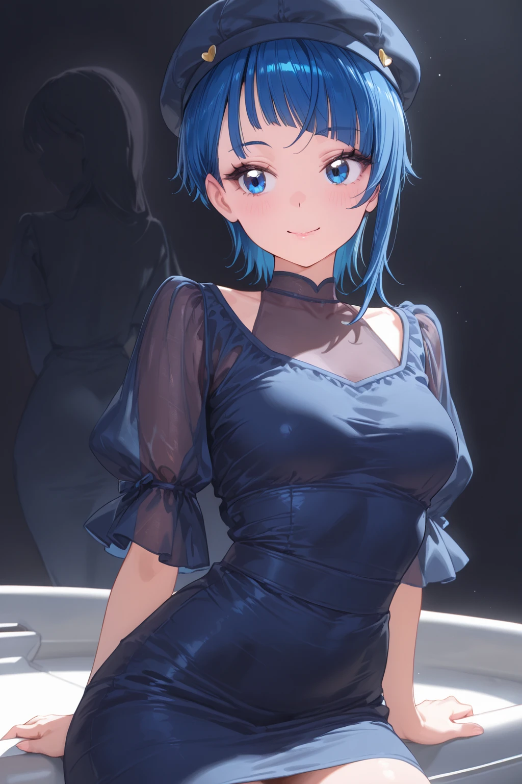 Masterpiece, best quality, very detailed, Ultra high resolution, (photorealistic:1.4), raw photos, (realistic:0.2), 1 girl, alone, short hair,,8k hdr, 1 girl,blue hair, yellow eyes, shy ,sweat,steam,wet,wet, medium-large breast, bright eyes, , medium-small breasts,,(Mesh series) ,,have sex,Vaginal sex, library