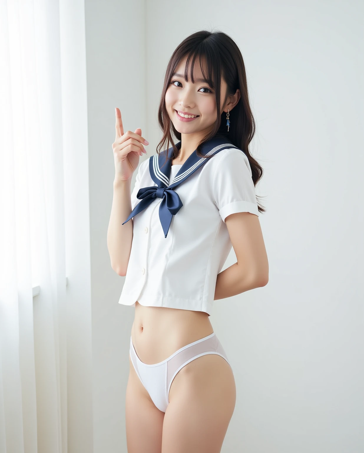 1girl in, sixteen years old, Japan gravure models, Cute Beautiful Girl, medium breasts, Clean facial skin, Natural smile,A charming smile, (dropping eyes:1.4), finerly detailed face, Looking at Viewer,Short bob makes you feel sexy, Erotic feeling,
(Hot Pillow Hotel Rooms:1.2), (Immediately after sexual :1.1), (japanese high school uniform with sailor collar:1.2), Sailor Uniform, Red ribbons, Sit on the bed, Spread legs wide, Show panties, (White panties:1.4), avery small lace panties, thin matte fabric cotton panties, panties under the skirt, (a glance of panties:1.6), 
(Dynamic Angle, Dynamic Pose:1.3), (from slightly below:1.5),
break
masterpiece, Best Quality, hight resolution, Detailed skin, Detailed, Detailed face and eyes, Hi-Res, Natural lighting, Perfect ???????, Physically-based rendering, Photorealistic,