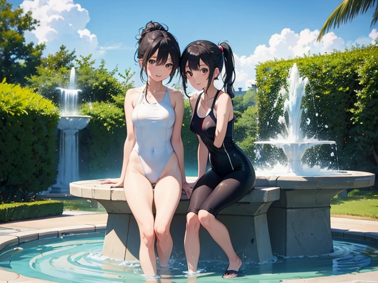 ((masterpiece)), ((highest quality)), (ultra high resolution,8K),(Ultra high fine mesh,4K), (Highly detailed CG integrated 8k wallpaper), (perfect anatomy,anatomically accurate), (Angle from above), (soft lighting, rendering), (Two cute high school girls having fun walking in the park), (profile), High-definition beauty face, (high heels), ((elegant leotard swimwear)), (Wear a gray hoodie), (Crisp double eyelids), (fascinating expression),(large breasts:1.3), (soft skin), (It's photorealistic), (glowing skin), (colorful hair), 35mm f/1.8, Captured with Sony FE GM