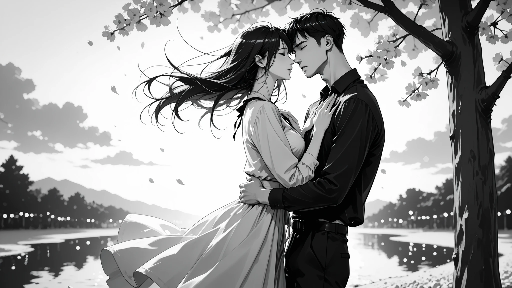 monochromemuse, monochrome, greyscale, ink splatter,monochrome, greyscale,masterpiece, ultra highres, best quality, young couple embracing, tender moment, gentle touch, soft natural lighting, man and woman in love, intimate pose, him holding her face gently, her hands on his chest, warm sunset glow, shallow depth of field, soft bokeh background, romantic atmosphere, genuine emotions, casual modern clothing, outdoor garden setting, cherry blossoms falling,