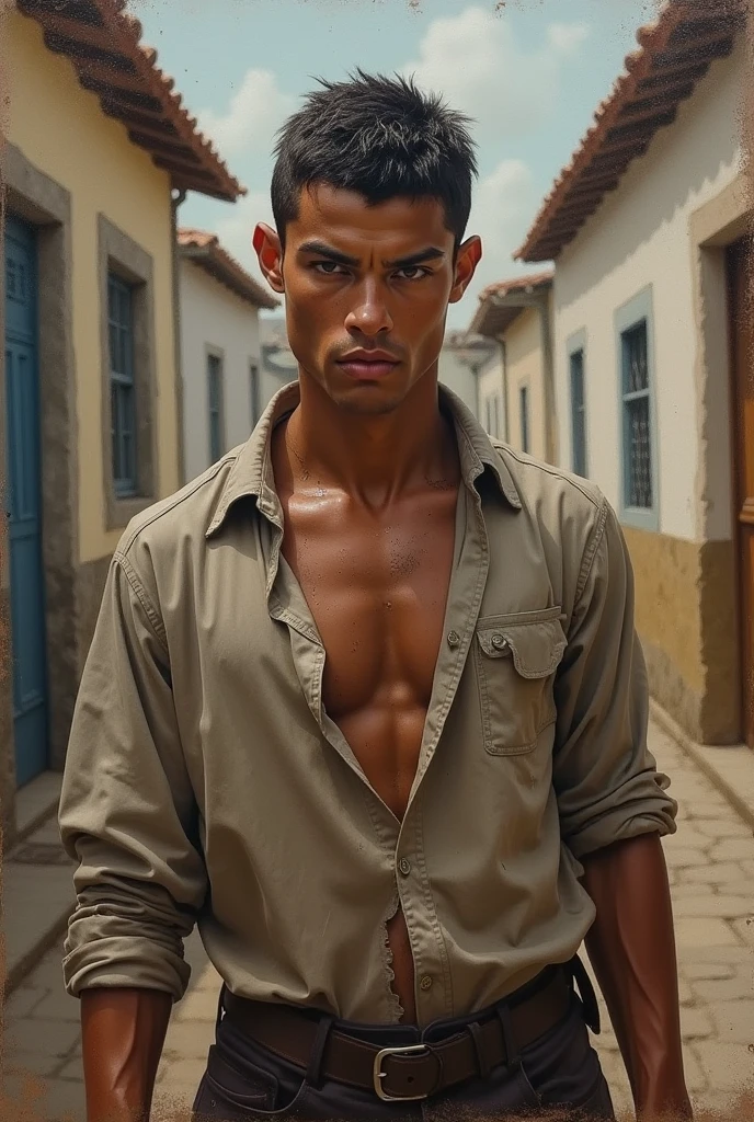 Man, beautiful, attractive face, hazel eyes, perfect jaw and chin, muscular, defined, attractive body , wearing a dirty, torn shirt , rebellious brown hair, sun-burnt , in the Brazilian favela , with houses from Brazil , is on the wall of a gate , pleasant afternoon , closed smile, eyes shining with tears, Gratitude , Hand in hair, sweaty skin , show underwear
