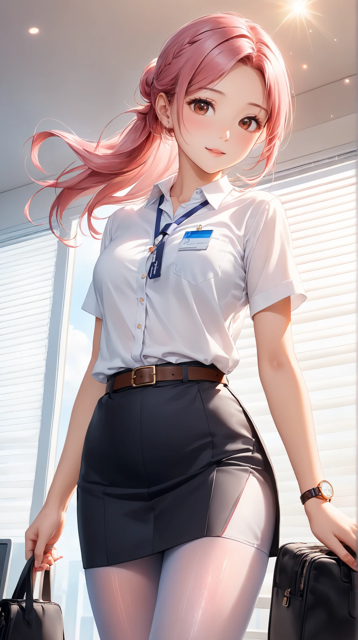  (best quality:1.4),(shiny skin), body focus, (cute face), (((best quality))), illustration, ((Beautiful Finger)), , Beautiful body, Beautiful character design, ,perfect lighting, Colorful, Bright_Front_face_Lighting, ultra high res, highres, absurdres:1.2, bokeh:1.2, lens flare, (vibrant_color:1.2), (Beautiful, large breasts:1.2), (thick thighs:1.1), THICK, 
1lady standing, /(casual shirt/) (pencil skirt:1.1) /(id card lanyard/), (mature female) bangs, blush kind smile, (masterpiece best quality:1.2) delicate illustration ultra-detailed, large breast BREAK /(modern office indoors/), window skyscraper, look at viewer