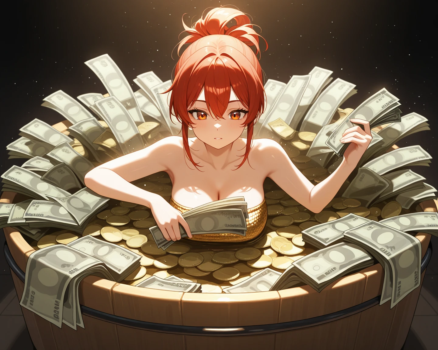 topquality, Horse Girl, Quiet Suzuka, ((Uma Musume))), Perfect skin, realisic skin, Detail Skin, 8K, (The Girl in the Cave), The Golden Cave, Girl in suit in torn suit Perfect body proportions, The girl stretches her arms up, (little chest:1.5), beautiful breasts, There are a lot of gold coins around the girl, Coins glitter, Ideal breast proportions, (Full-length view), handsome body, perfect foots, sitting on the stone, Smiling, Treasure Mountain, a gold, gems