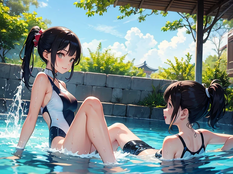 there is a woman standing on a dock in the middle of a lake, infinity pool mirrors, infinity pool, infinity concentric pool, epic and stunning, paradise in the background, heaven in the top, sitting on a reflective pool, heaven on earth, sitting in a reflective pool, in a luxurious pool, stunning view, sit on the edge of swimming pool
