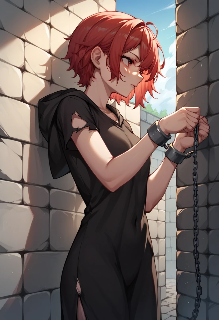 score_9, score_8_up, score_7_up, score_6_up, score_5_up, score_4_up, source_anime, 1girl,sweaty,orange hair,ponytail,white eyes, w-w-chain, spread arms, loose hair, white shirt,skirt,stockings,black high heels,sandals,day,hot,dungeon, best quality, best res, 4K UHD,