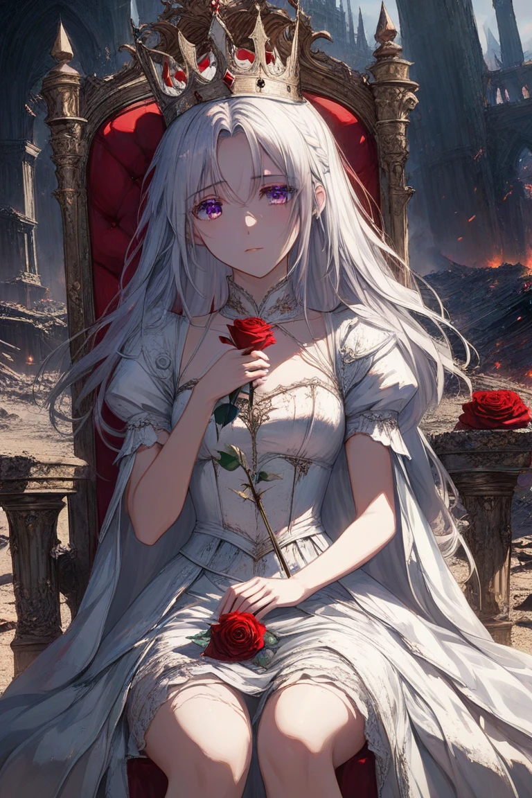 A girl with pure white skin and gray-toned white hair wears a crown of thorns, from which small drops of blood fall, running across her forehead. Her eyes are a crimson red color, with a vacant expression and a faint smile on her face. She wears a short white dress that reaches her knees. Several silver roses adorn her body, while sharp-thorned vines resemble necklaces, wrapping around her hands and waist. The setting is a ruined church, with cracked walls and broken windows, where light timidly enters. Next to her is an altar supporting a cross adorned with various roses. The atmosphere has a melancholic and mysterious air, emphasizing the loneliness and the contrast between the girl's beauty and suffering.