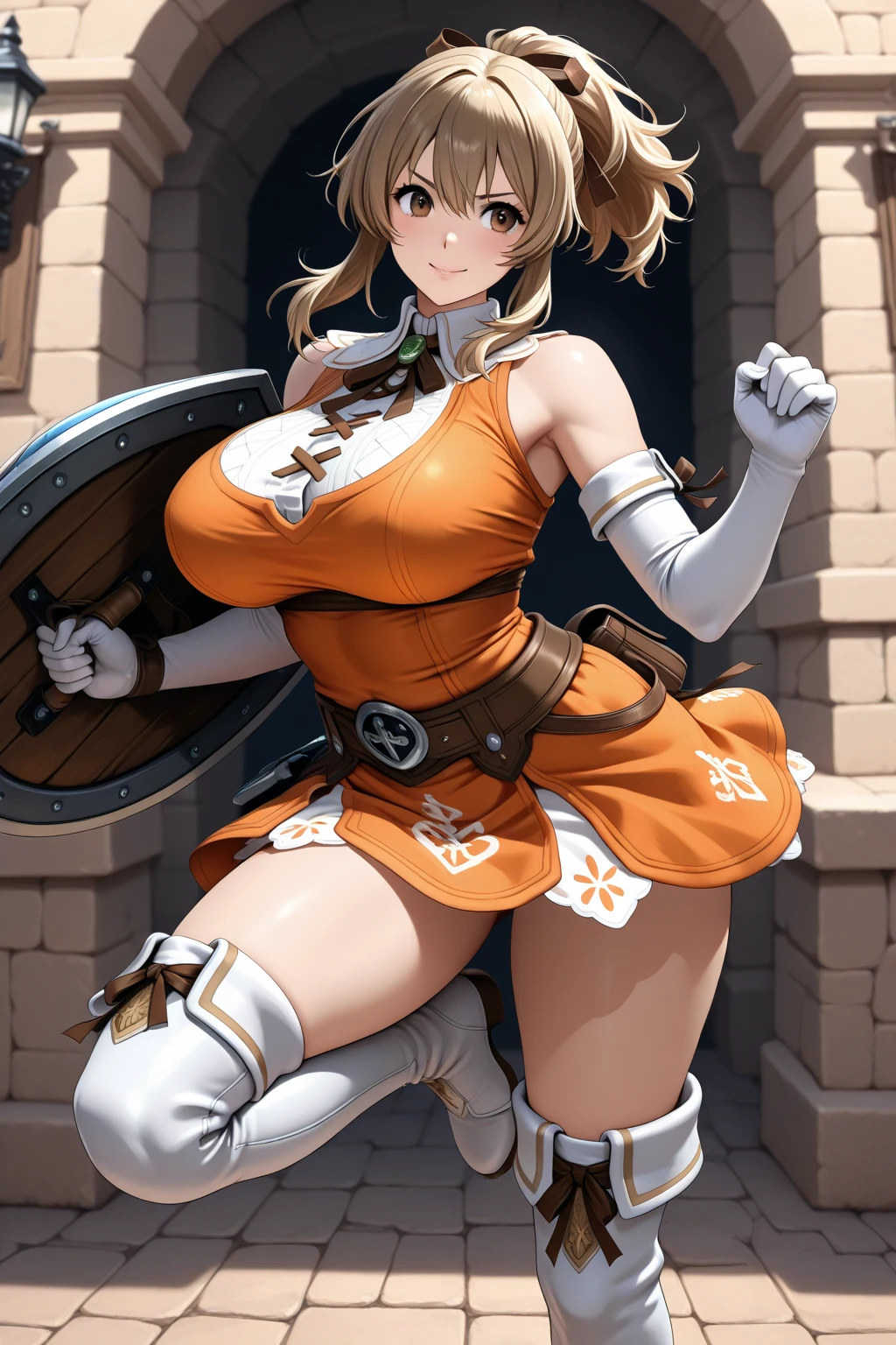 1girl, (solo:1.2), curvy, (masterpiece:1.2), (best quality:1.2), (perfect anatomy:1.4), (standing proud:1.4), (confident:1.2), smile
asura, (film grain:1.2), (highly detailed shading:1.2), shiny skin, (large breasts:1.2), (cowboy shot:1.2), aalillie, long hair, ponytail, french braid, blonde hair, white shirt, short sleeves, white skirt, pleated skirt, (post fight scenery:1.3), rubble, outside, daylight