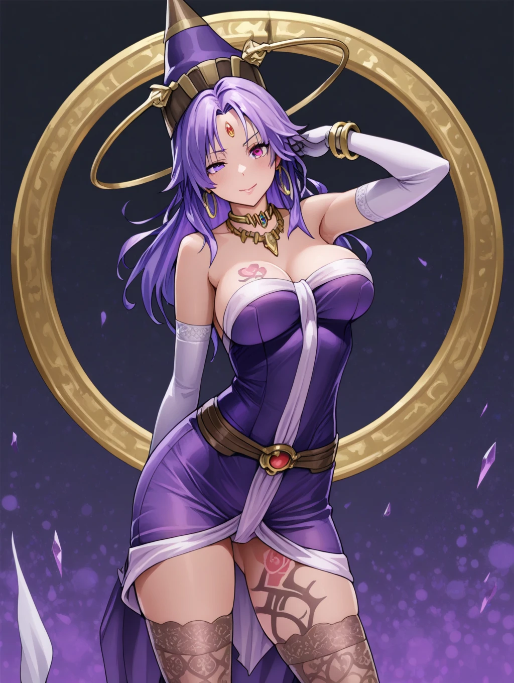 Extra long purple hair,Purple Eyes,A very good figure of an adult woman with bare breasts,Wearing black and purple tights,A purple scarf on the wrist,And holding a purple fire lotus in his left hand,First person open hands action,Six purple-white tentacles extend from the back,And behind it there are circles of three fists of purple and white halos,The background is purple, the universe and the starry sky