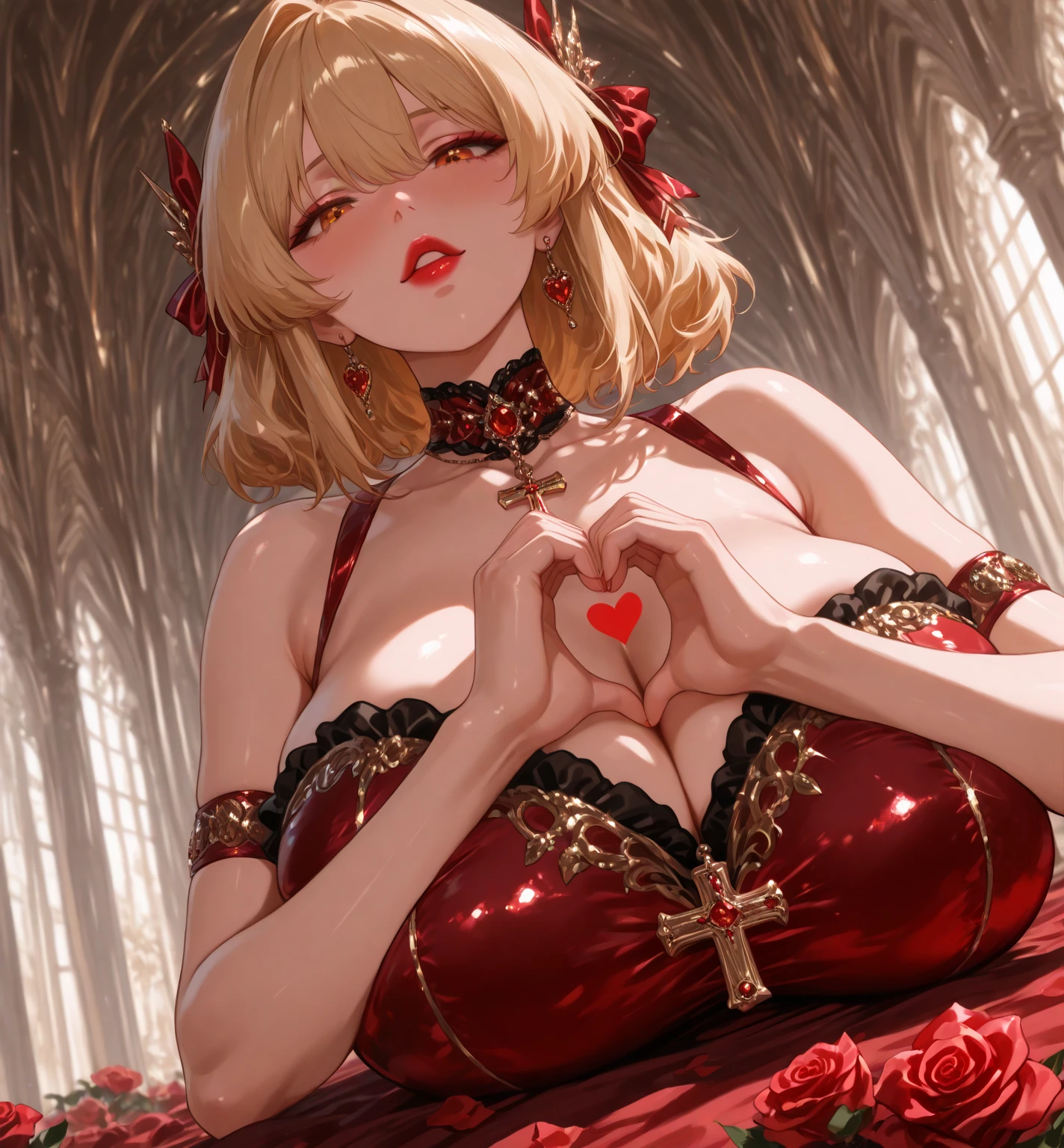 (very close up:1.5) (1girl:1.3) (adult woman) (topless:1.1) (naked:1.3) (lying in bed) (ruby red chains on wrists) (wrists chained together) (wrists above head) (ankles chained together:1.5) (stretching:1.5) (stretched body:1.5) (girl looking at viewer intently) (ruby red halo) red rose choker, night, dark cozy bedroom, Good lighting, Shadows in the movies, very large breasts, thin waist, Long HAIR, (blonde hair), original HAIR style, Dynamic Angle, (detailed face:1.3) (dynamic lighting:1.5), (orgasm:1.5), (horny look) (ruby red eyes glowing with power) (ruby red leaf bracers on arms) (ruby red leaf hair piece) (elaborate ruby necklace) (red roses on bed:1.3) (red roses in hair) (stunning beautiful red eyes)