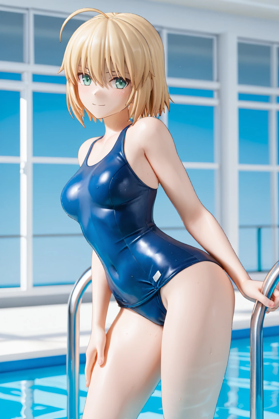 Perfect Anatomy Highest quality,Highest Resolution,(((Latex competition swimsuit Blonde dark blue eyes sweat))) Short Hair straight expressionless flat chest woman cool
