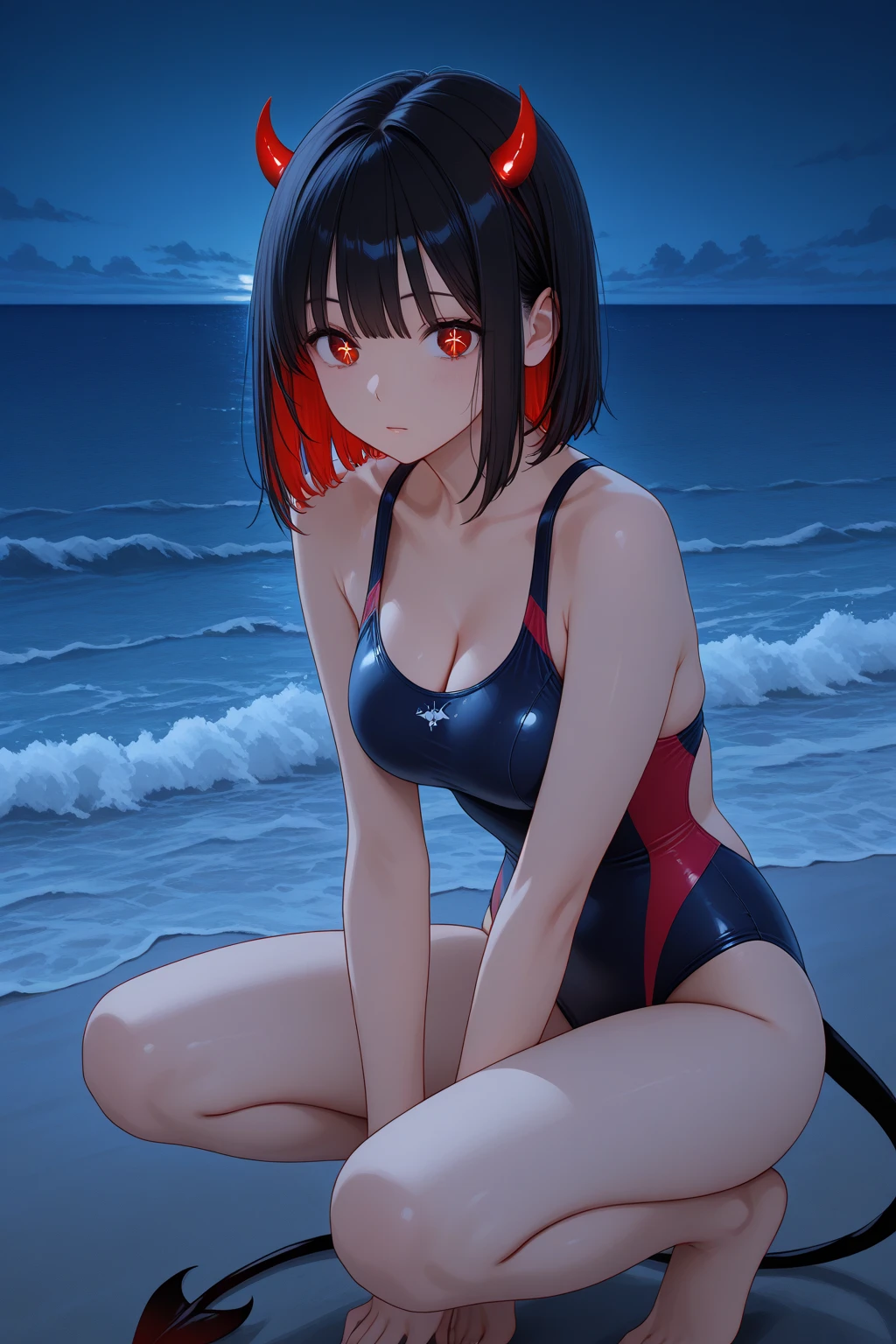 Top quality, masterpiece, woman, short bob black hair, red eyes, black hole trompe l'oeil design swimsuit, night sea, monochrome