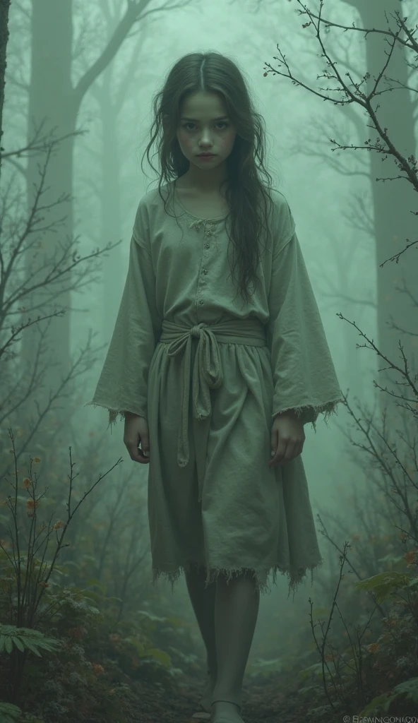 Background: A misty forest shrouded in morning fog.
Character: A young girl (Evelyn) in tattered clothes, walking with a sense of purpose.