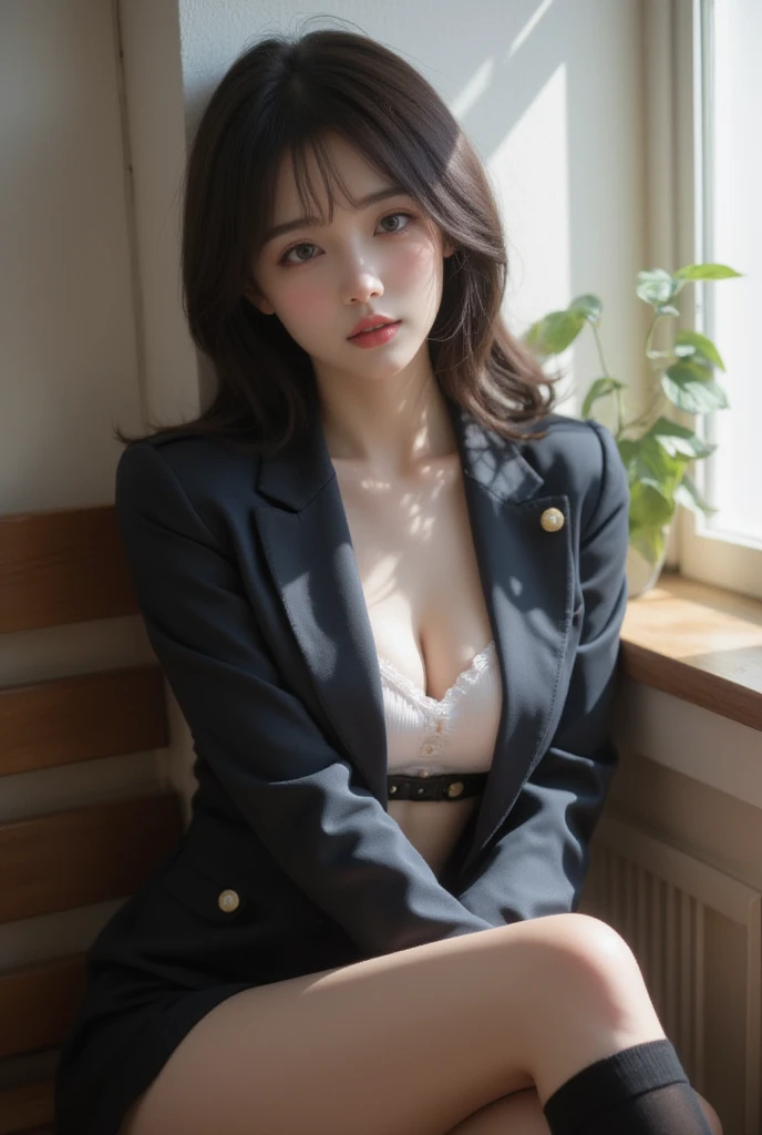 absurdres, RAW photo, extremely delicate and beautiful, masterpiece, Best Quality, ultra high resolution, 16k, hyperrealistic, ultra-detailed, perfect anatomy, super Detailed skin, perfect figure, Very detailed CG 8k wallpaper, in her 20s, very Slim body, narrow waist, very small head, very small face, delicate facial features, tearful mole, earring, thin legs, ((very huge round breasts)), full body shot, 1 girls, shorter middle hair, wavy hair, ((office lady suit)), blazer, wet, bed,