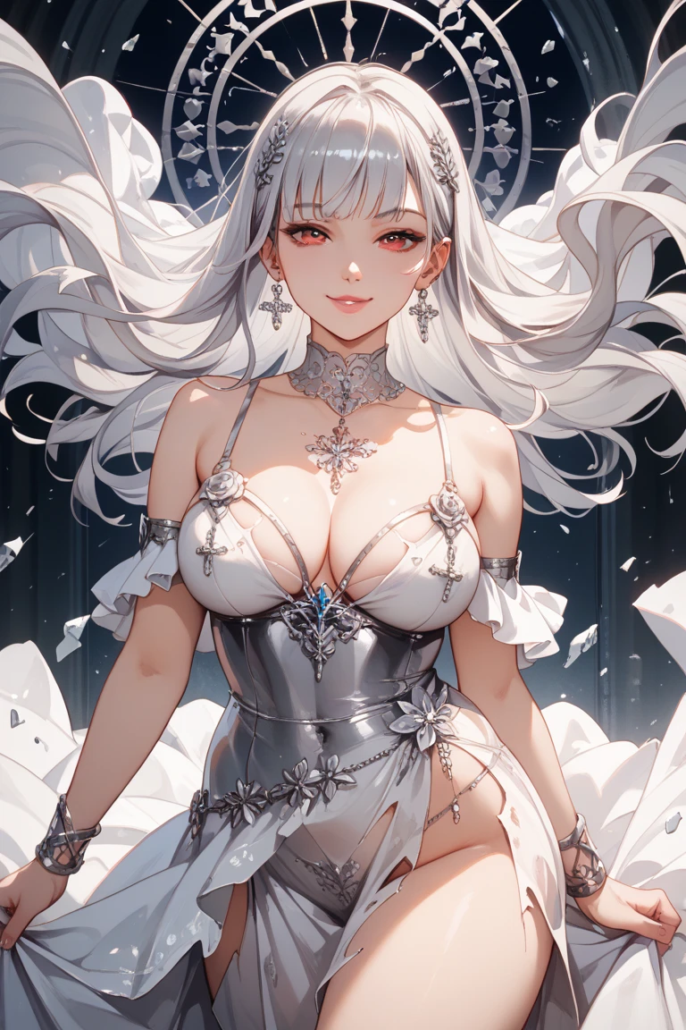Paradise in Heaven, White lighting,(masutepiece), (Best Quality), (Cinematic), 8K, (art  stations), Li Yue painting style.(長いWhite hairとSilvery eyesを持つ1人の女), (Beautiful delicate face)、[ Particle Lou Full Moon] [Frozen trees々] [landscape crystal] [Lighting] [Ethereal Atmosphere]:1.1] [Fantasy, short story] [soft Lighting] [+Cinematic shot]:1.2 [+art  stations] [+luminous white background] [+soft Lighting] [soft glow] [Creative and dynamic angles]:1.3, [+Crystal Toning] 、masutepiece, ighly detailed, Ultra-detailed, Solo, (pale skin), Silvery eyes, White hair, (snowy background), (snowflake rosen flower:1.0), (shining crystal),, (Snowy ground), (White lashes), Female sexy、dreamy and detailed, Gorgeous setting, 妖しい雰囲気 masutepiece, The most beautiful scenes, An majestic、(((full of white flowers)))、quiet and serene atmosphere、A charming, all white tones,Inside the crystal library,Transparent flowers and falling snow，Many white roses are planted,(flowingwater,falls,water bloom),The decoration is also carefully done.,Dreamy（ighly detailedです，Creative Design，crisp and precise lines，K HD，best qualtiy，tmasterpiece，超hight resolution，4K）、Diverse poses、((beautiful white flower hair ornament))、Beautiful hairstyle、(Best Quality, 4K, 8K, hight resolution, masutepiece:1.2), Ultra-detailed, Detailed expression, Graceful posture, expressive brush strokes, mystic atmosphere, artistic interpretation,Delicate floral jewelry， (((Detailed design、Beautiful lace translucent dress、see-through small dress)))、(SFW:1.5), (Oversized breasts, best body proportions, proportions of large breasts,:1.5),(white decoration on thigh)、((Beautiful crystal accessories on the legs))。((Beautiful crystal accessories on the arm))、(((maikurobikini)))