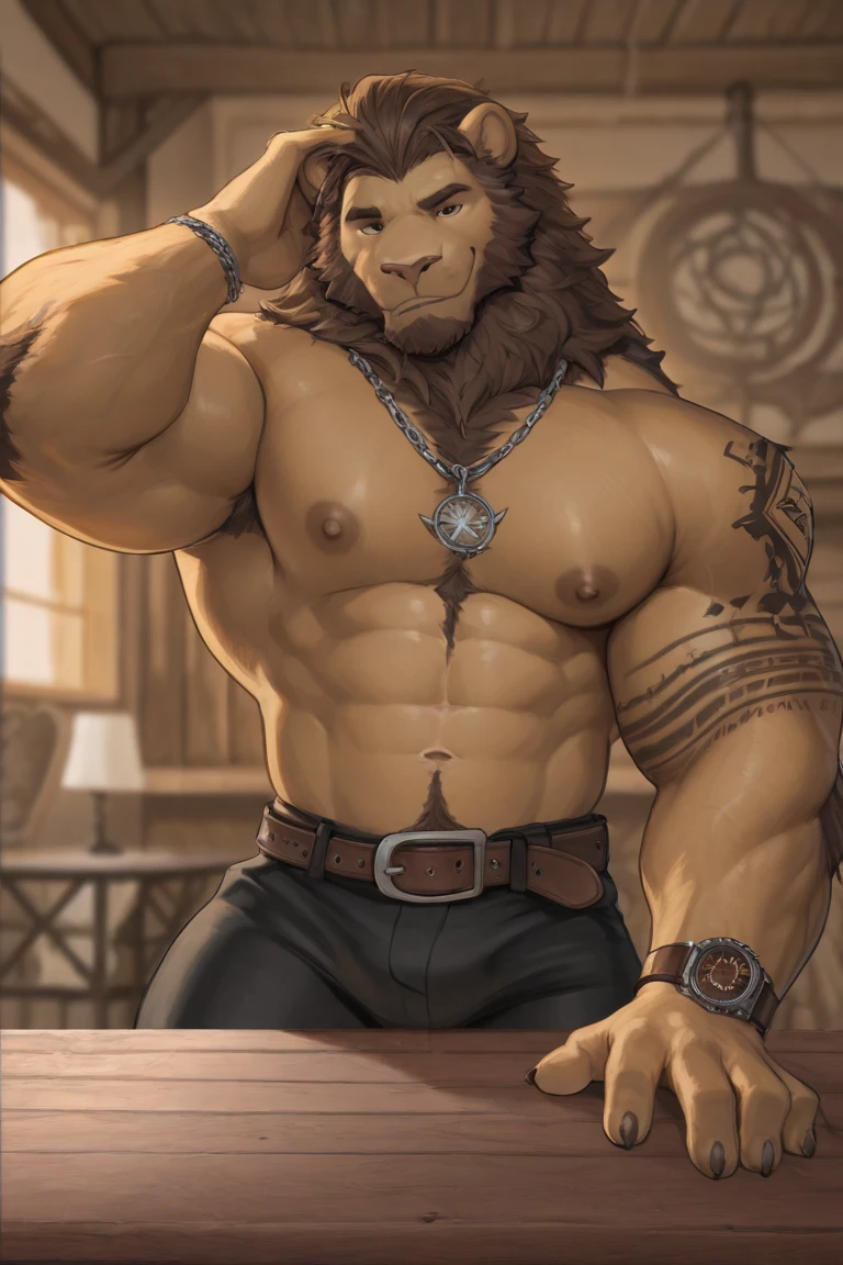masterpiece, high quality, 4k, lion, masculine, penis, erect, chest tuft, ball tuft, armpit tuft, naked, solo, exposed, dominating, precum, seductive