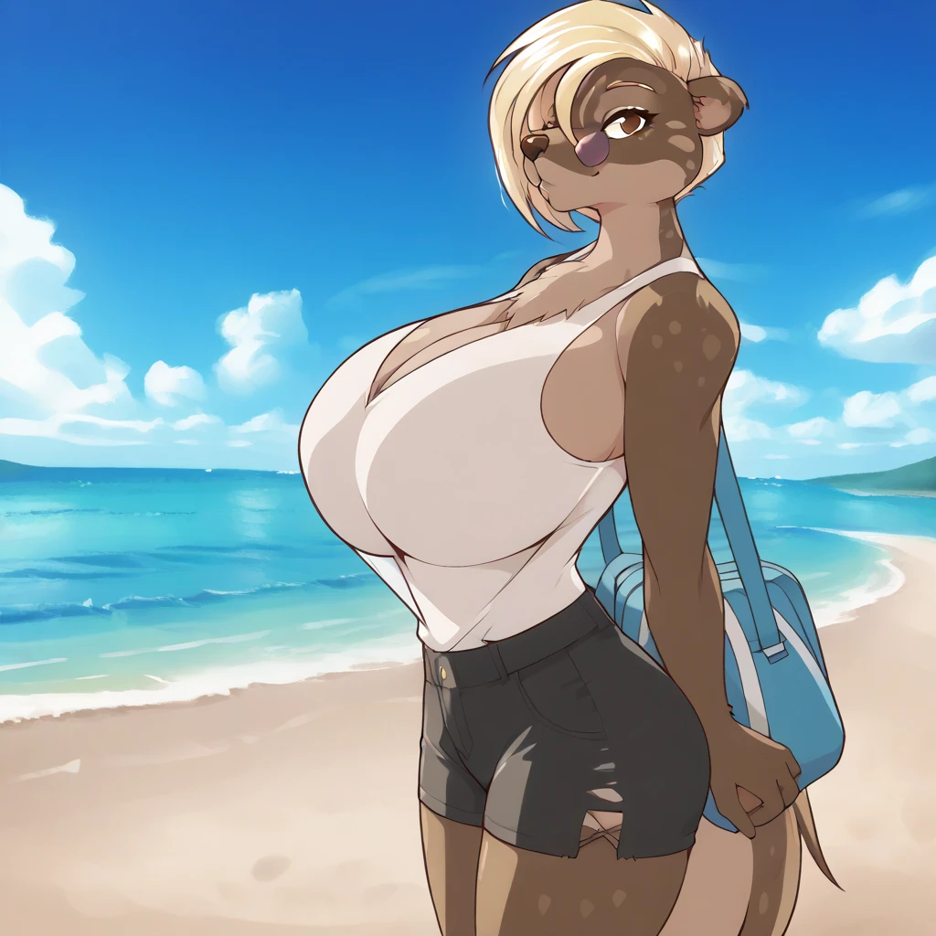 A male cat，Big Tail，big ear，((HYPER_BREASTS))，Round breasts，((male))，high quality，best quality，high resolution，Super detailed，Perfect breasts，Normal breast structure，Boyfriend，masculine_male，cute，Normal body structure，((BIG_BREASTS))，((HUGE_BREASTS))，(Extra large breasts)，((juvenile))，masterpiece，artwork，(thin)，Upper body close-up，(Manly Temperament)，puberty，((HYPER_BOOBS))，Detailed background，top quality, High-quality illustrations, masterpiece, Ultra-high resolution, (little boy), (Very detailed and beautiful face), Perfect anatomical structure, Good lighting, shadow，shota，Shy，bulge，((((HYPER_BULGE))))，fuzzy，(BIG_BULGE)，((HUGE_BULGE))，There is only one person，(Boys)，Masculine，Masculine，Masculine，(Ordinary Boys)，Model shooting style，Close Range，Long snout，((((Bikini))))，shorts，(Sports student figure)，seaside