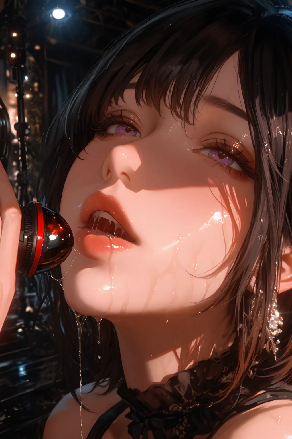 score_9、score_8_up、score_7_up,One girl、Hyperrealism style、Photorealism style,Real、Kneel、Big Breasts:1.1、lips、Upper Body、Long Hair、Narrow eyes、Cool face、Mature Woman、Staring at the audience、(Painful expression、tears、Cum in mouth 1.1、steam:1.1)、blush、bangs、Brown Hair、Stone Wall、Dark dungeon background、Brown eyes、FF7、Silver Earrings、(black collar for slaves、Leather Harness Bondage Restraints、suspenders、Put your arms behind your back)、No correction、((Tifa Lockhart))、Sweaty、lips、Wet、開いたlips、Upper Body、naked、Detailed nipples、Well defined nipples、Detailed eyes、Narrow eyes、Mature Woman、High resolution、high quality、最high quality、masterpiece、HDR、Highest production values、masterpiece、((blowjob、deep throat、Huge penis in mouth、Woman swallows man's penis、Penis in her mouth、A man's hand is holding her head、One man、A thick but not long penis、Vein Penis:1.1))