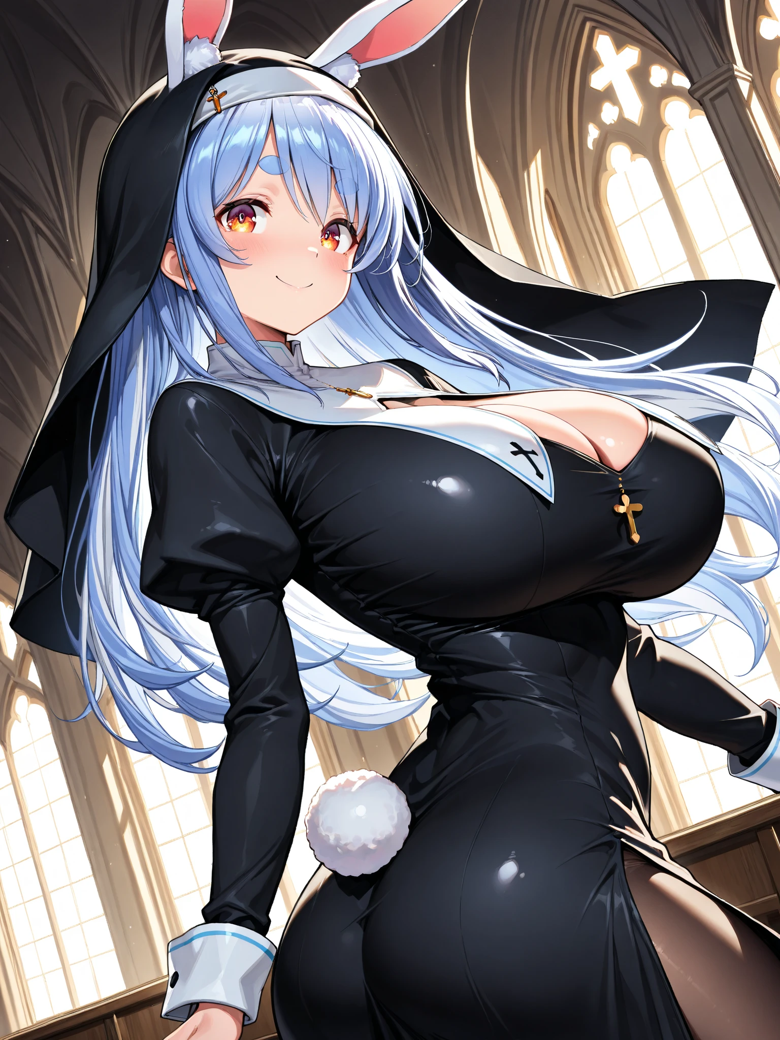 ((masterpiece、best quality、Very detailed)、((A girl))、((blond、Very long hair、Cover your eyes))、Pink Eyes、Fear、((There are many piercings))、((Large Breasts))、Cowboy shooting、Shooting from above、Office Background，((best quality)), ((masterpiece)), (detailed), (character focus、Breast Focus,whole body), Anime 2D Rendering, Realistic young anime women, Five fingers, Perfect face, Beautiful details, Beautiful Body, Beautiful breasts, Beautiful thighs, (Huge breasts)、Beautiful Feet, (Skin burns), baby face、 12 year old girl、A girl、nun、She turned her face and body toward the audience，Beautiful face and charming shyness，eternal，Hair Cover your eyes，（Large Breasts），Shy，Exceed，Thick Legs，Fascinating three-dimensional,Fascinating three-dimensional，Fascinating three-dimensional，Magical girl，Bright Black，（（前发Hair Cover your eyes）），night