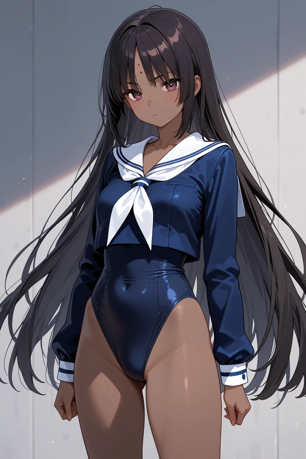 (posterior view:1.5,s ass、hip focus),1 girl,Solo、(Full body),​masterpiece、Detailed beautiful face、Detailed beautiful eyes、hight resolution、Beautiful lighting、An ultra-fine illustrations、extremely delicate and beautiful、top-quality、Slender and perfectly styled woman、((sexy  pose、Poses to seduce、Obscene poses))、(A MILF)、(The eyes are detailed and beautiful),Curvaceous,((grin))、(shinny hair, Glossy eyes, shinny skin), (glistning skin) 、thighs thighs thighs thighs、Watch your audience、under the boobs、blushed、Blushing cheeks、((Tanned skin:1.6),(a sailor suit:1.1,body suit:1.5、Sleeveless ),(hotpants:1.3、lowrise),((Brown hair、Red Eyes))、(pantyhose)、(small tits)、The navel is visible