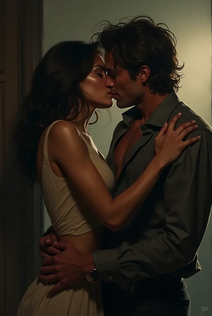 image of couple ready to kiss each other in romantic scenerio, cuddling, romantic sex, Man and Woman in First plan, cinematic lights, dark, main colours is orange and black, Ultrarealistic, High quality