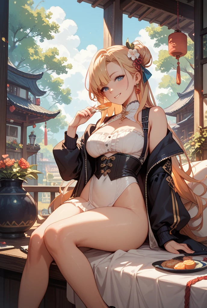 Chinese oriental elements,teals,falling leaf,autumnal,The is very detailed,CG,unified,8k 壁纸,Amazing Cleavage,finely detailled,Sit on a rattan chair,Tea table,Kizi, Beautiful detailed eyes, Long white hair, light grey eyes,, High white stockings, Vivid, flower, daffodil, Hyacinth, Falling petals, , High contrast, ((Masterpiece, Best quality)), Cinematic light,Open breasts,cleavage,Lace lace panties,suspender stockings,cleavage,brassier,navel,Sexual suggestiveness,Loves,,lacepantyhose,Thin leg,slimfigure,perspire,pantiess,lifting up skirt,,(((Skirt lift:1.3))),((,Adult women,Mature figure