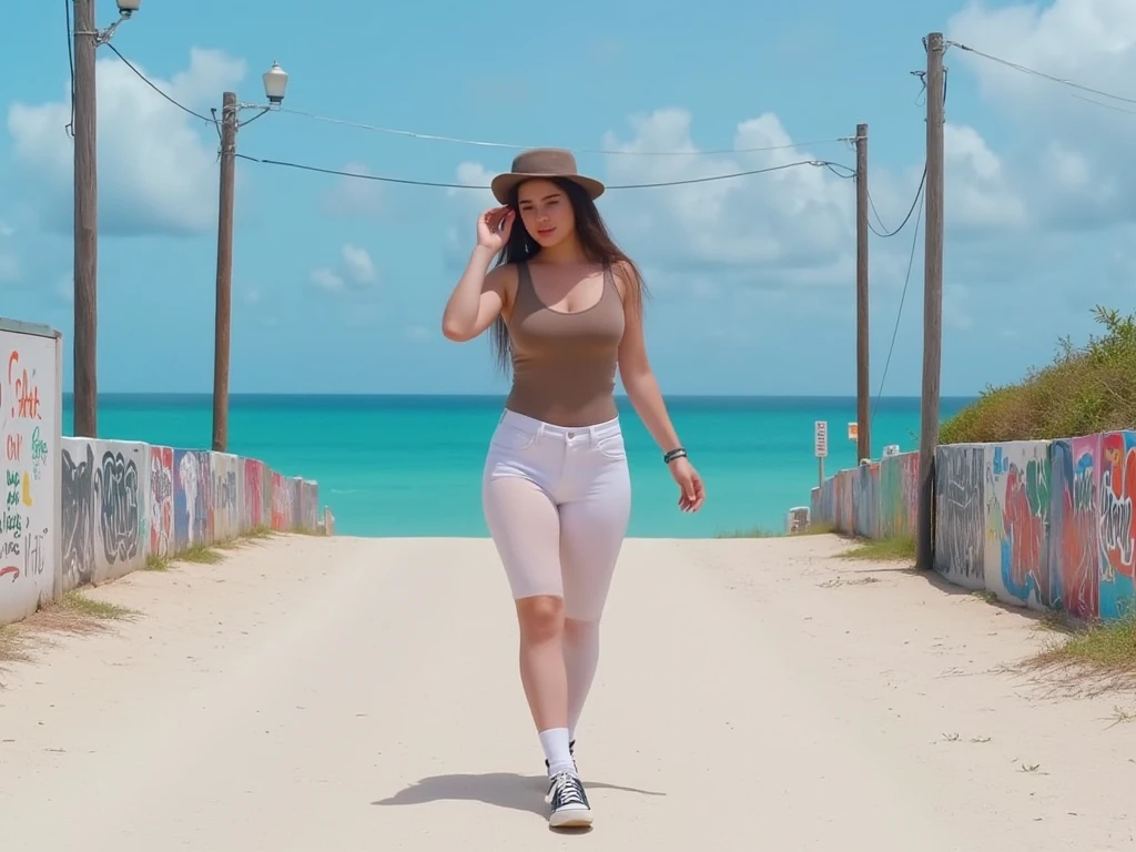 mujer sexy caminando en la calle de una mansion