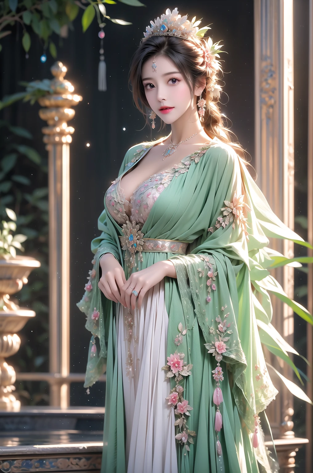 the perfect human model cute angelic girl posing, accurate details, detailed face, fantasy green clothes, dramatic, intricate, elegant, highly detailed, digital painting, artstation, concept art, smooth, sharp focus, illustration, art by gustave dore, octane render, 4k